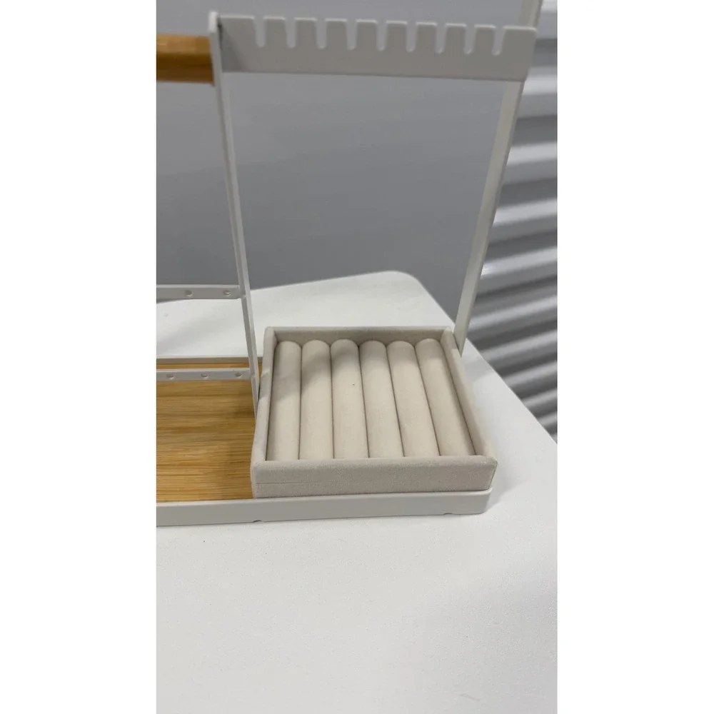 White Metal and Bamboo Jewelry Stand Organizer Necklace Holder Ring Tray